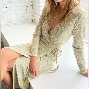 Lisa Says Gah Lucille Cotton Knit Long Sleeve Wrap Midi Dress Honeydew XS
